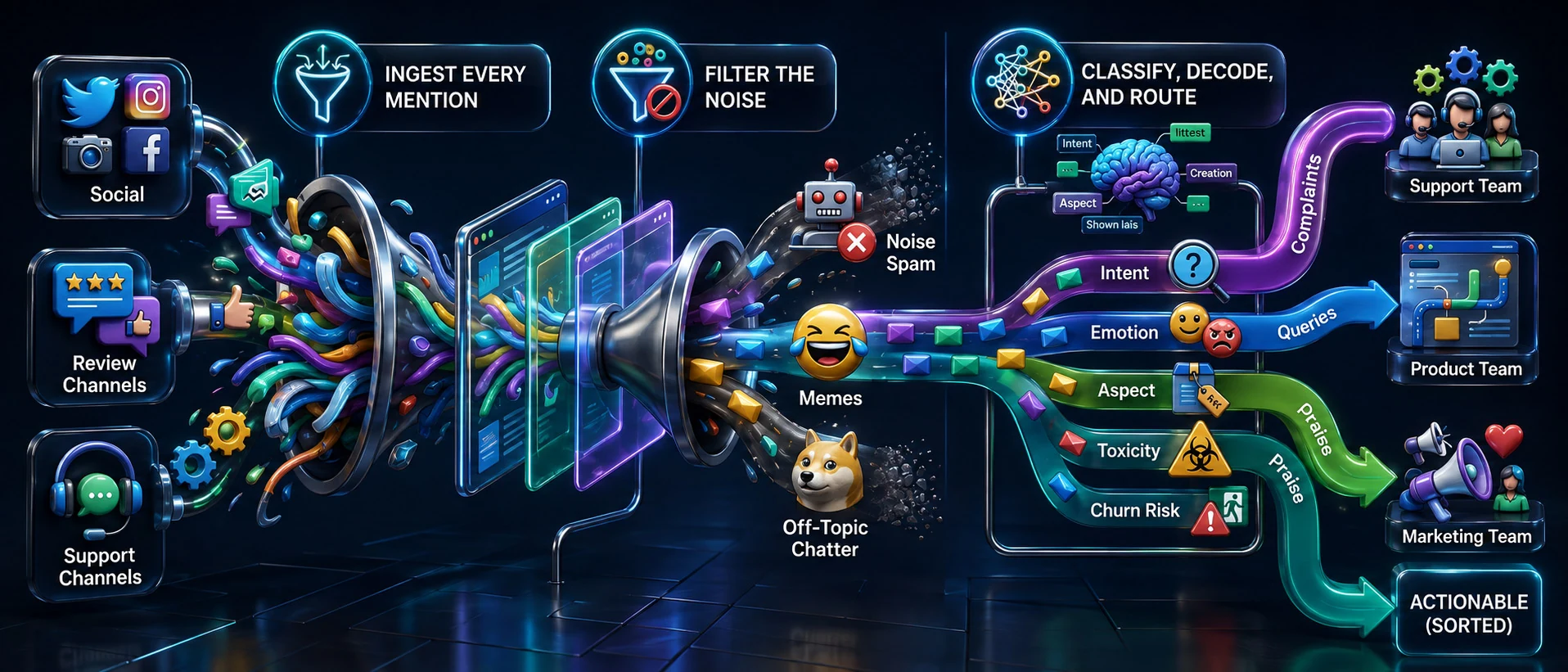 Mentions from social, review and support channels funnel in, noise is filtered out, and classified conversations route to the support, product and marketing teams