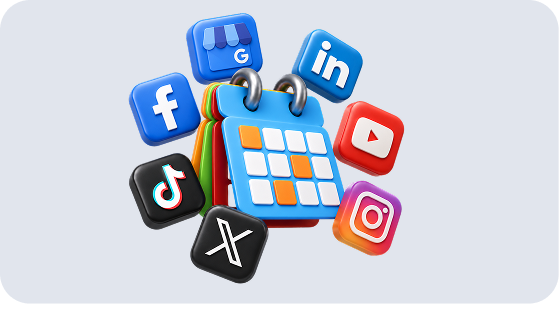 Content calendar surrounded by Facebook, Instagram, LinkedIn, TikTok, X, YouTube and Google Business icons